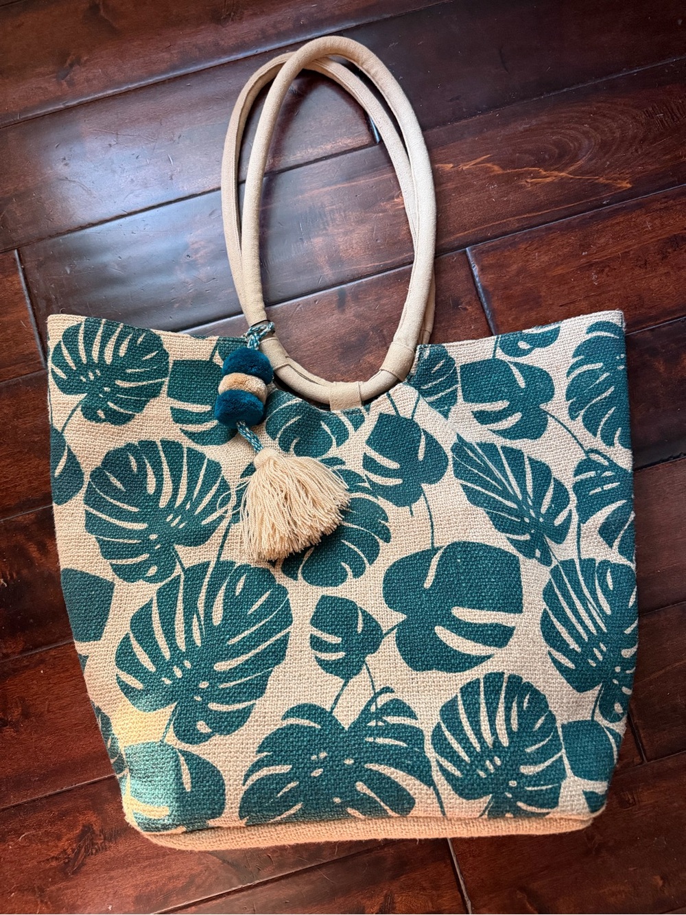 America & Beyond - Monstera Canvas Tote Bag in Teal and Cream